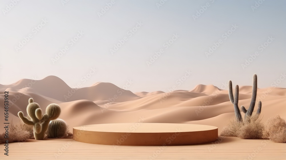Poster Minimal display podium with cactus desert backdrop rendered in 3D