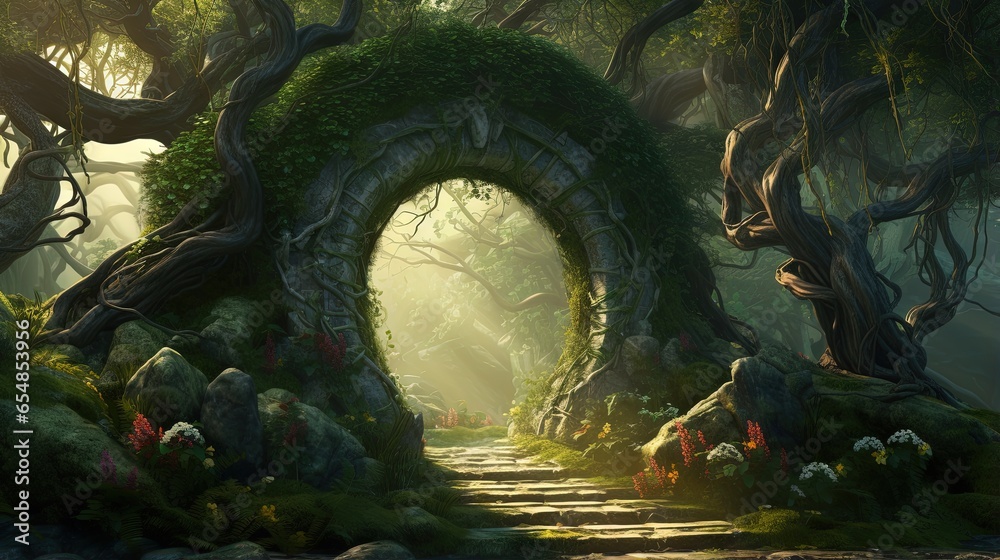 Poster 3d illustration of a vine covered archway in a magical forest with mist on a spring day