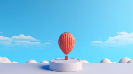 Papier Peint photo Montagnes Minimal style 3D product podium with hot air balloon in blue sky representing holiday vacation