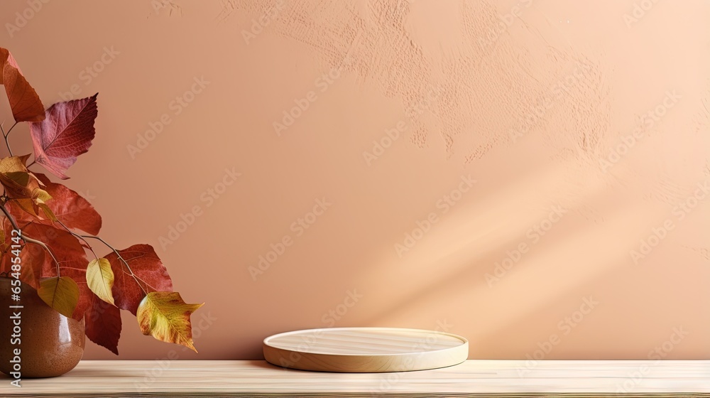 Poster presentation mock up for branding products with cosmetics food and jewellery empty table against a b