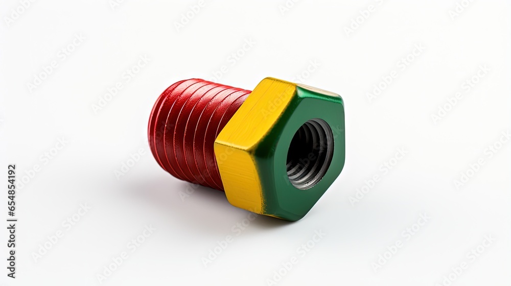 Poster yellow red and green 3d printed nut screws with iron nut isolated in white with soft focus