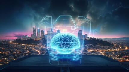 AI hologram sketch with human brain on LA skyline background Multiexposure