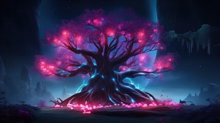 Mystical fantastical concept art with neon tree lights on a dark background