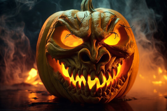 A picture of a spooky halloween pumpkin peeking out of the smoke, halloween celebrations image