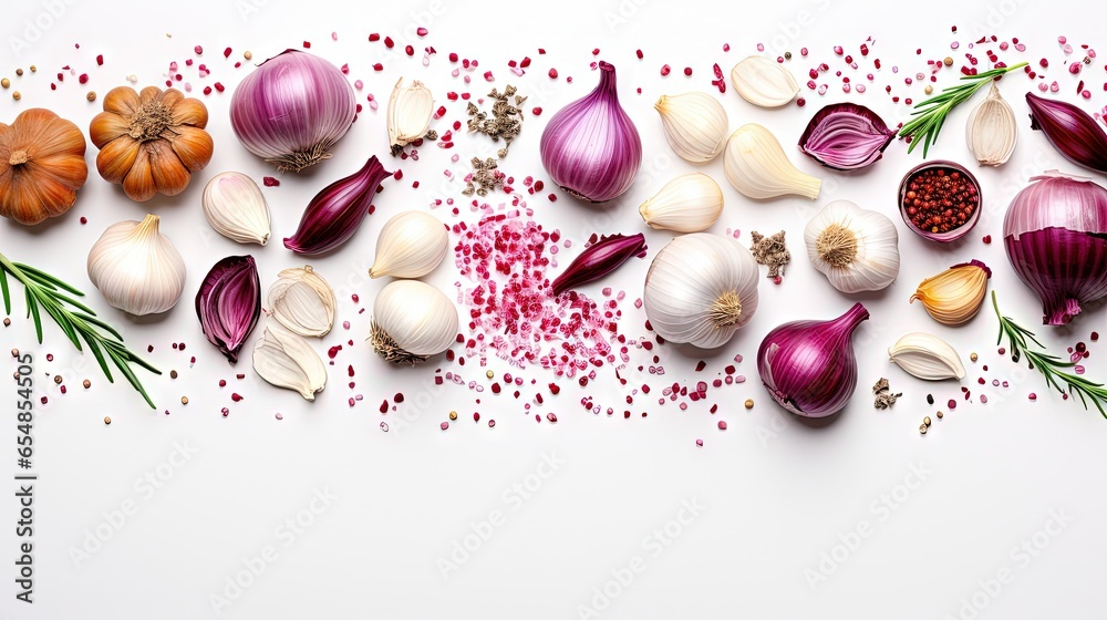 Poster Top view of red onions garlic and spices arranged diagonally on a white background