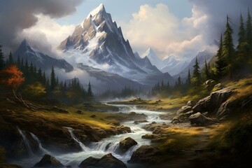An artwork depicting a scenic landscape of a majestic peak, flowing brook, and overcast heavens. Generative AI