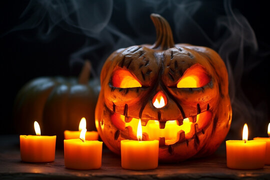 A picture of a carved pumpkin with lit candles inside, halloween celebrations photo