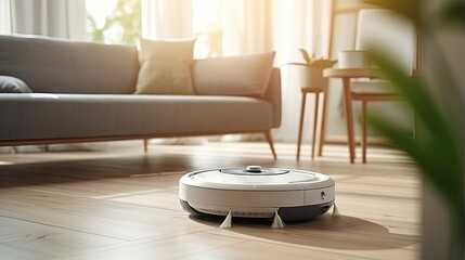 Smart home device on the living room floor white robotic vacuum