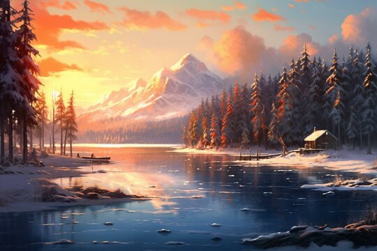 Illustration of winter morning at a mountain lake midway through the journey. Generative AI