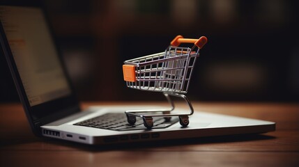 Online shopping depicted by a laptop with a tiny cart