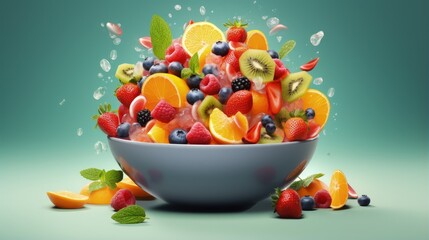 Healthy summer fruit salad with a mix of oranges strawberries blueberries kiwi and fresh mint