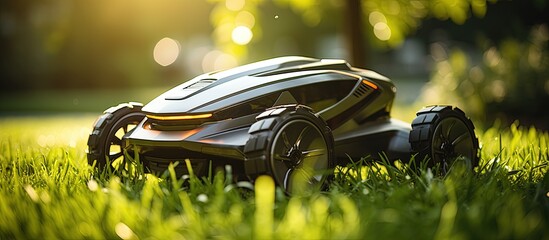 Robotic lawn mower cutting grass in modern garden with golden sunlight with copyspace for text - obrazy, fototapety, plakaty