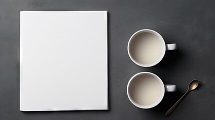 Empty cups and blank notebook arranged on a grey table in a flat lay composition