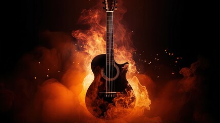 Surreal acoustic guitar with fire effects in a dark background with copy space - obrazy, fototapety, plakaty