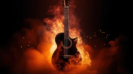 Papier Peint photo Lavable Feu Surreal acoustic guitar with fire effects in a dark background with copy space