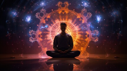 Chakra and light during meditation in silhouette - obrazy, fototapety, plakaty