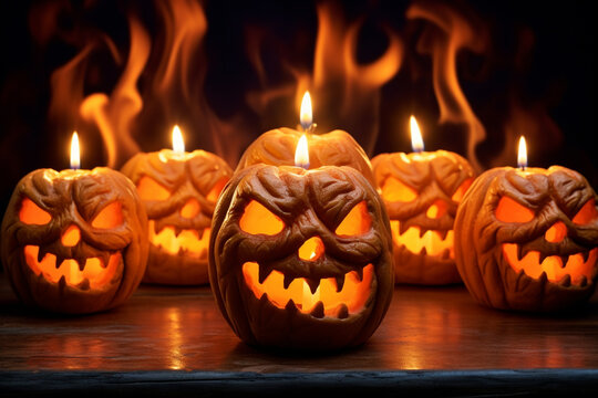 A picture of a carved pumpkin with lit candles inside, halloween celebrations photo