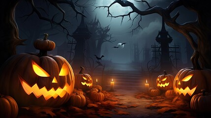 Nighttime Halloween scene with eerie jack o lanterns