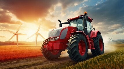 Obraz premium Large contemporary red tractor on renewable energy parked in a rural agricultural field with a wind turbine