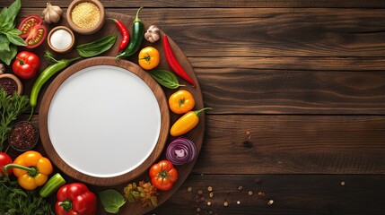 Vegetables and seasonings on wooden background top view Healthy eating concept
