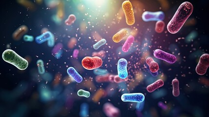Vibrant gut bacteria microorganisms in digestive system 3D visualization - obrazy, fototapety, plakaty