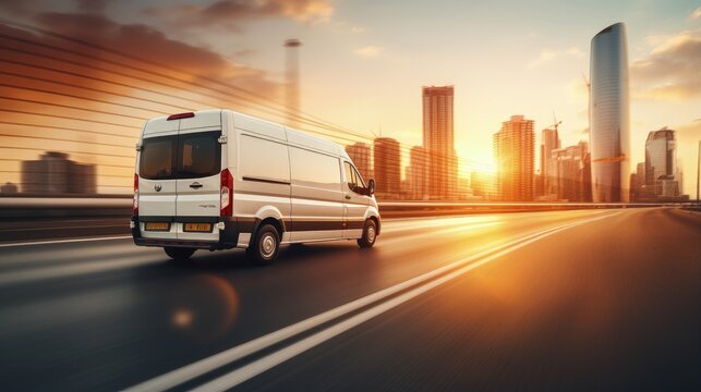 Blurry charter bus rushing on city highway at sunset with urban backdrop
