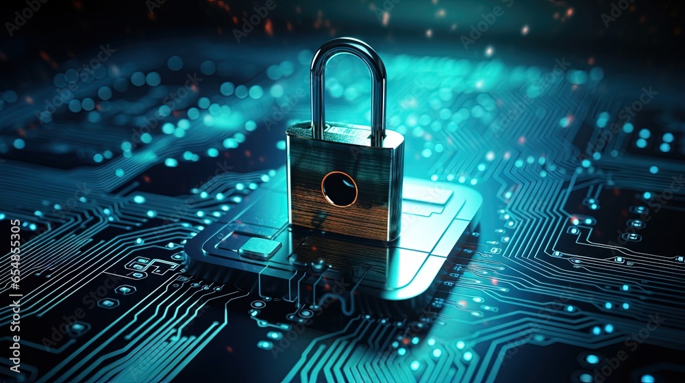 Poster Data security concept with padlocked computer protection using microchip key