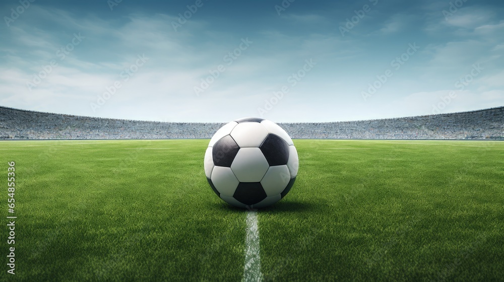 Poster 3d illustration of a textured soccer field with a ball at center midfield