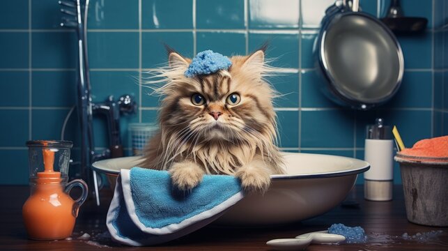 Cat grooming with tools in pet care salon - Powered by Adobe