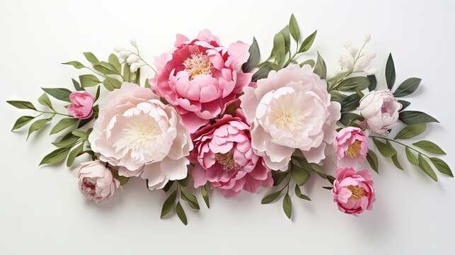 Peony and eucalyptus bouquet on white table background