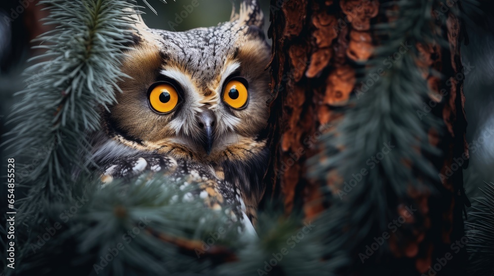 Poster concealed image of owl with large orange eyes behind tree trunk wild creature in natural environment