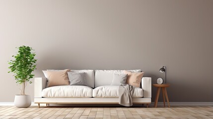 Fototapeta na wymiar 3D rendering of living room mockup with warm toned wall gray armchair sofa and wooden flooring