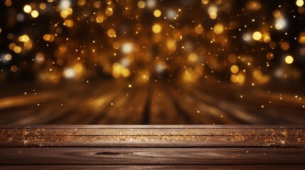Festive dark background with golden light and empty table for Christmas decor