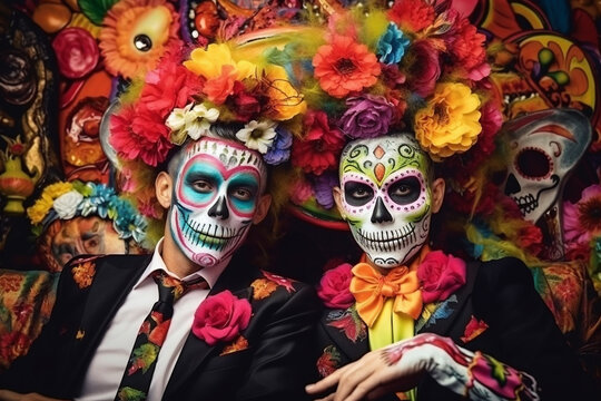 Indoor photo of a man and woman in scary costumes making a peace sign they have vivid makeup to make them look scary they are celebrating a traditional mexican holiday, halloween celebrations image