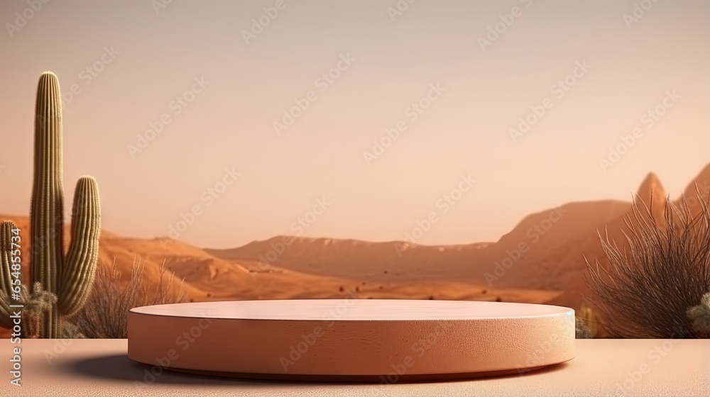 Poster Minimal display podium with cactus desert backdrop rendered in 3D