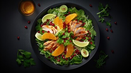 Healthy chicken salad with citrus fruit and pomegranate photographed from above