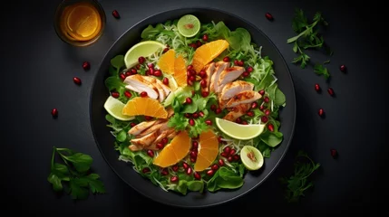 Tuinposter Healthy chicken salad with citrus fruit and pomegranate photographed from above © vxnaghiyev