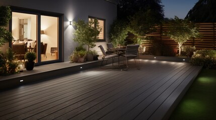 Composite decking in ash grey with two levels deck lights and ideal for a landscape gardener - obrazy, fototapety, plakaty