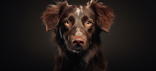 A dog's face in a captivating close-up against a striking black backdrop