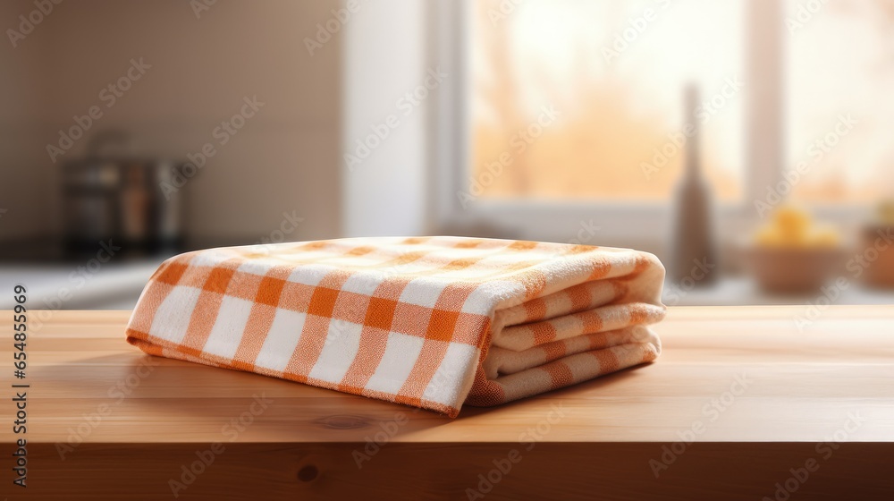 Poster checked towel on wooden kitchen table with text space