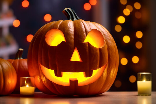 A picture of a large pumpkin with a funny glowing face carved into it sitting in front of halloween decorations, halloween celebrations photo