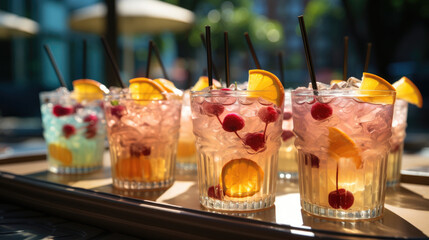 Glasses with different summer cocktails on swimming pool