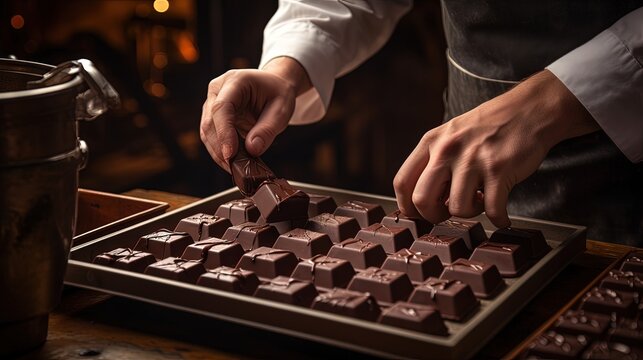 Confectioner pouring dark chocolate into molds Close up Selective focus Square