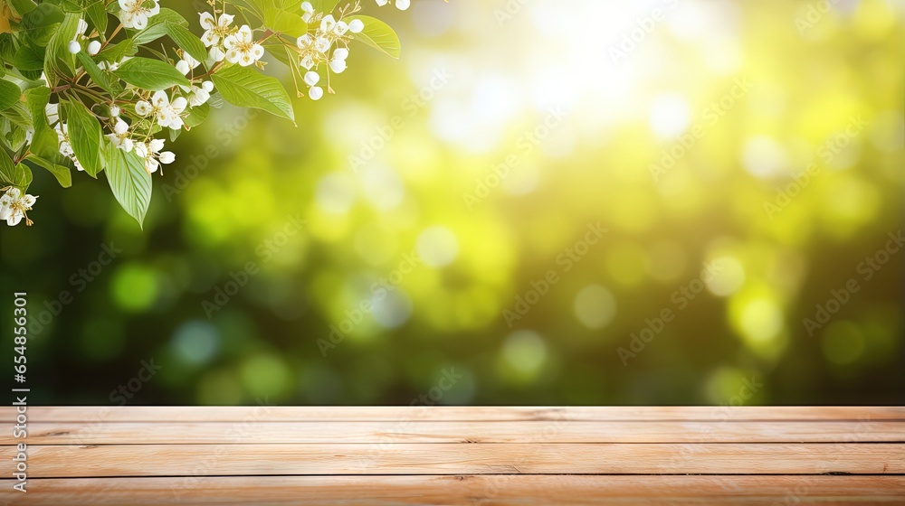 Poster spring background with fresh foliage wooden table and natural sunlight creating a beautiful outdoor 