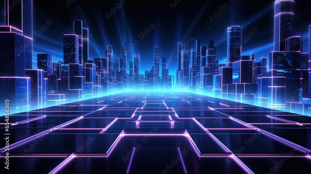 Poster Cyber city in virtual reality with neon abstract cubic shapes illuminated in laser show isolated on black in a 3D render