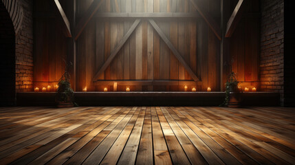 Dark empty wooden stage background, lit by spotlights - obrazy, fototapety, plakaty