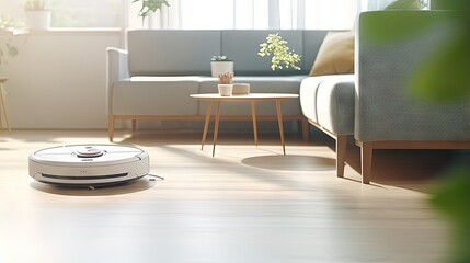 Smart home device on the living room floor white robotic vacuum