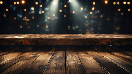Dark empty wooden stage background, lit by spotlights - obrazy, fototapety, plakaty