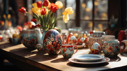 Easter celebration in a Ukrainian village. Traditional painted eggs - pysanky - obrazy, fototapety, plakaty