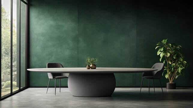 Minimalist concept 3D rendering of a dark green and grey dining room with panoramic window oval table black chair wall moulding and concrete floor